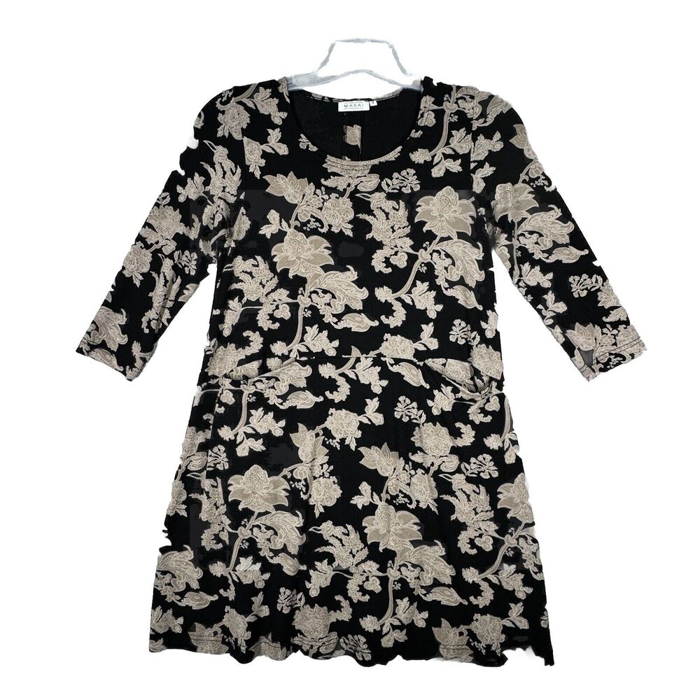Masai Dress Womens Small Black Cream Floral‎ Flowers Shift Mini Feminine Neutral